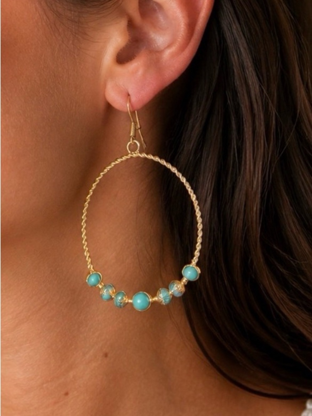 Plunder Gold-Tone Braided
Hoop Earrings with Turquoise
Stones
